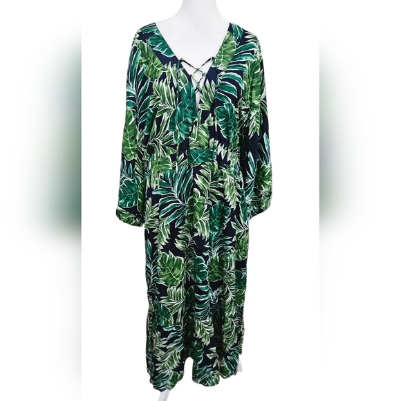 ONSHORE Tropical Palm Leaf Print Maxi Dress/Coverup. Green/navy One Size. NWT - Picture 5 of 15